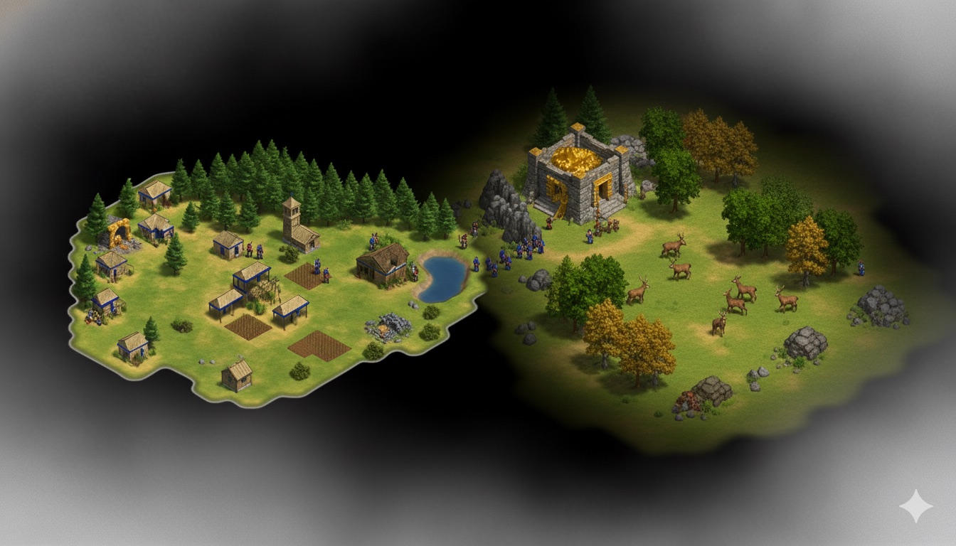 The same map after a villager walks into the blackness. The original settlement sits on the left, and a second region has opened up on the right: gold, deer, woodland and stone that were sitting there the whole time.